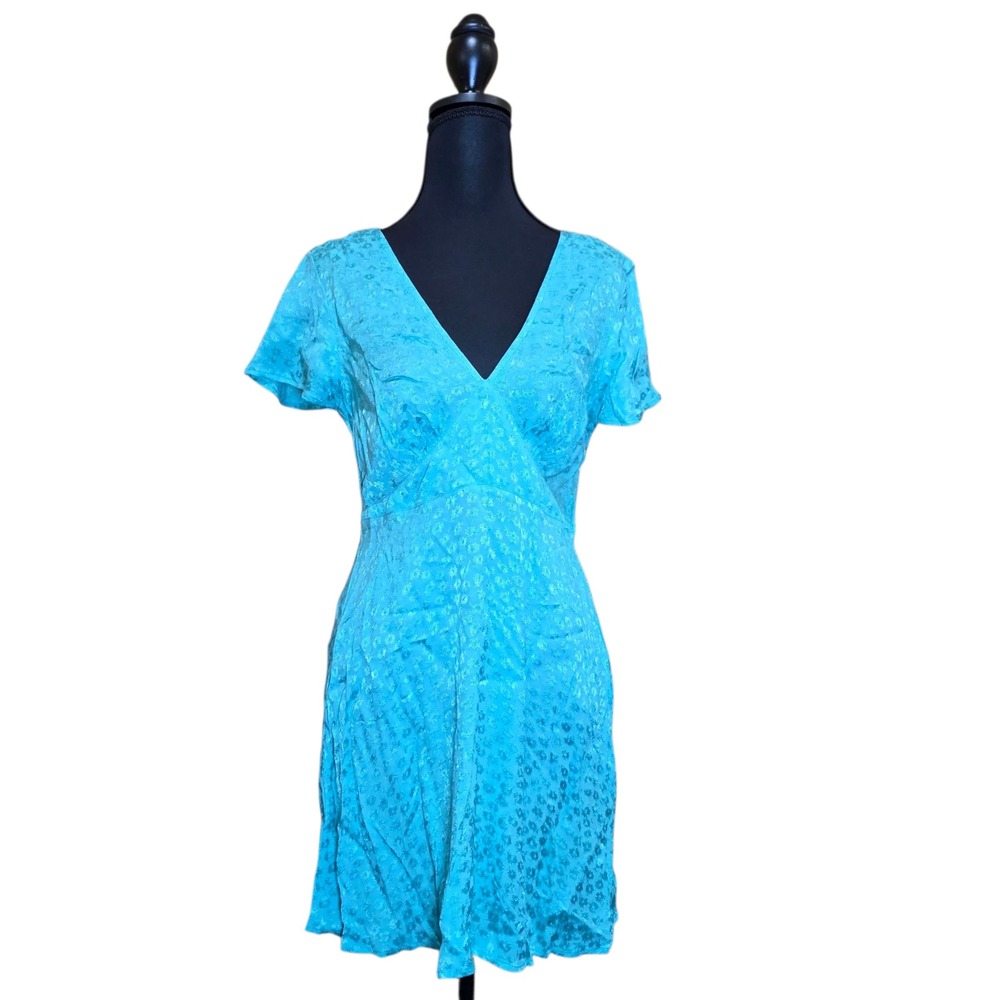 Motel Elara Dress Satin Ditsy Rose Blue Mini V-Neck‎ Short Sleeve S NWT